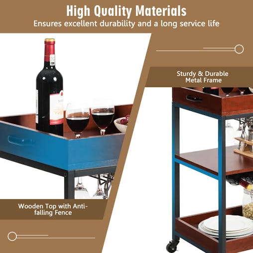 NNECW 3-Tier Kitchen Island Cart with Wine Rack & Glass Holders & Handle