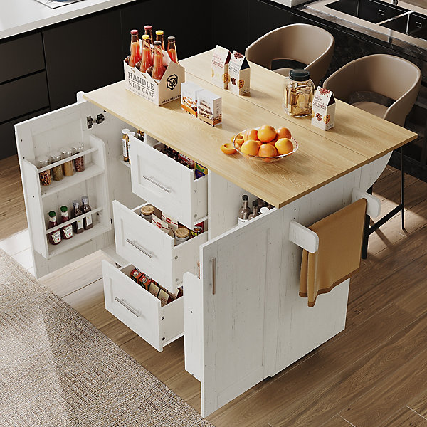 Îlot de cuisine 135x74x90,8 cm, cm avec plan de travail pliable, trois tiroirs, deux portes et porte-serviettes, buffet, blanc