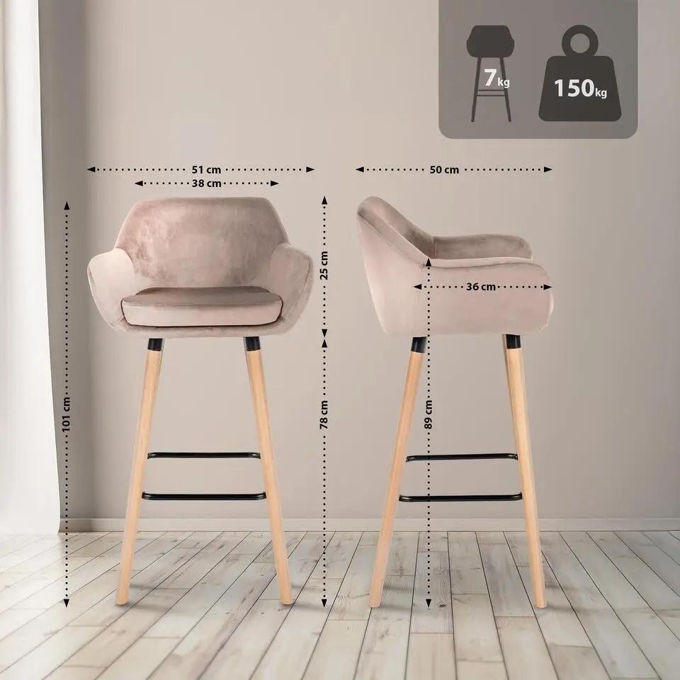 CLP Set van 2 Barkruk Grant natura Frame - Fluweel - licht grijs