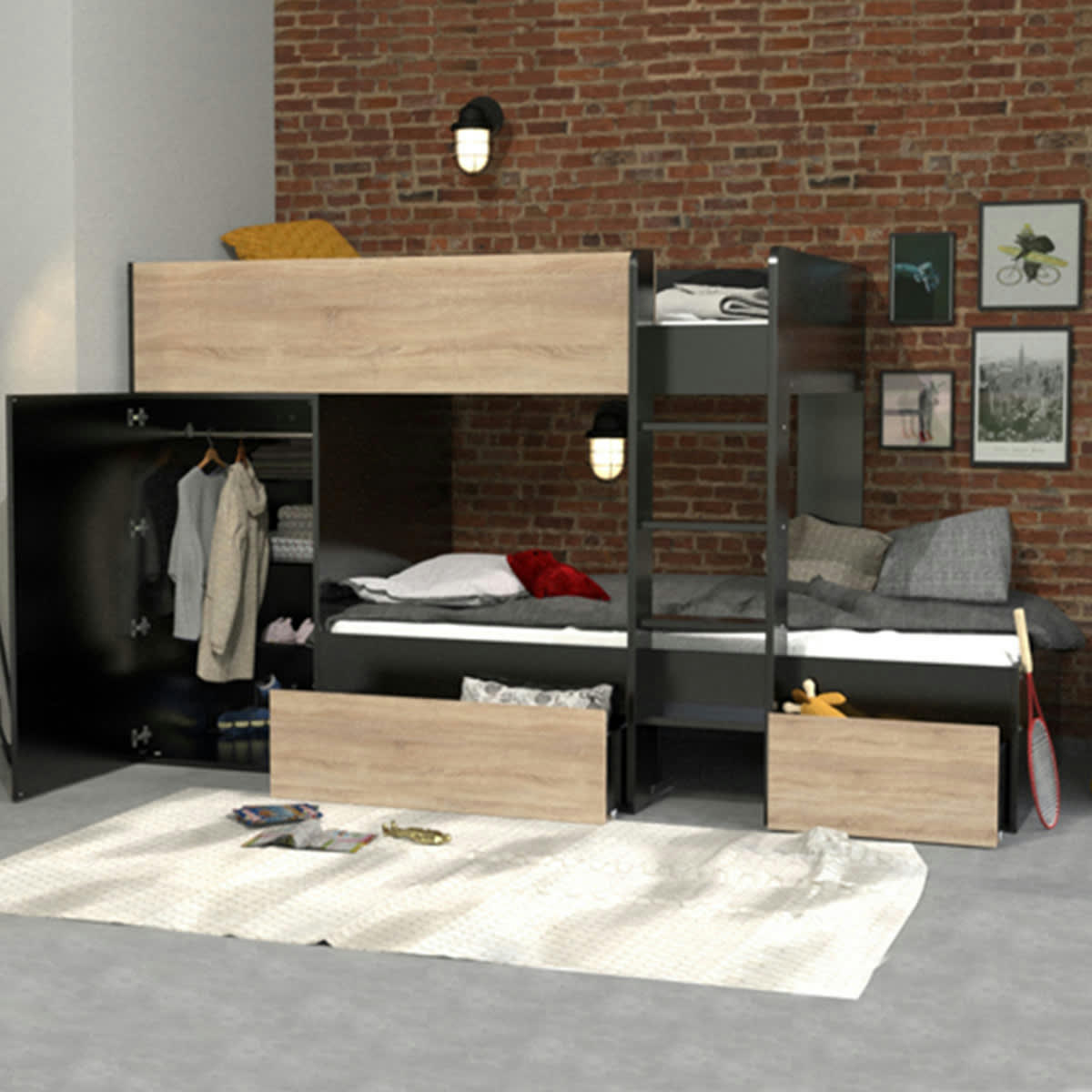 TWIN - Lit superposé 90x190 armoire tiroirs noir naturel