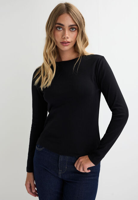 Womens Black Plain Long Sleeve Cotton Top