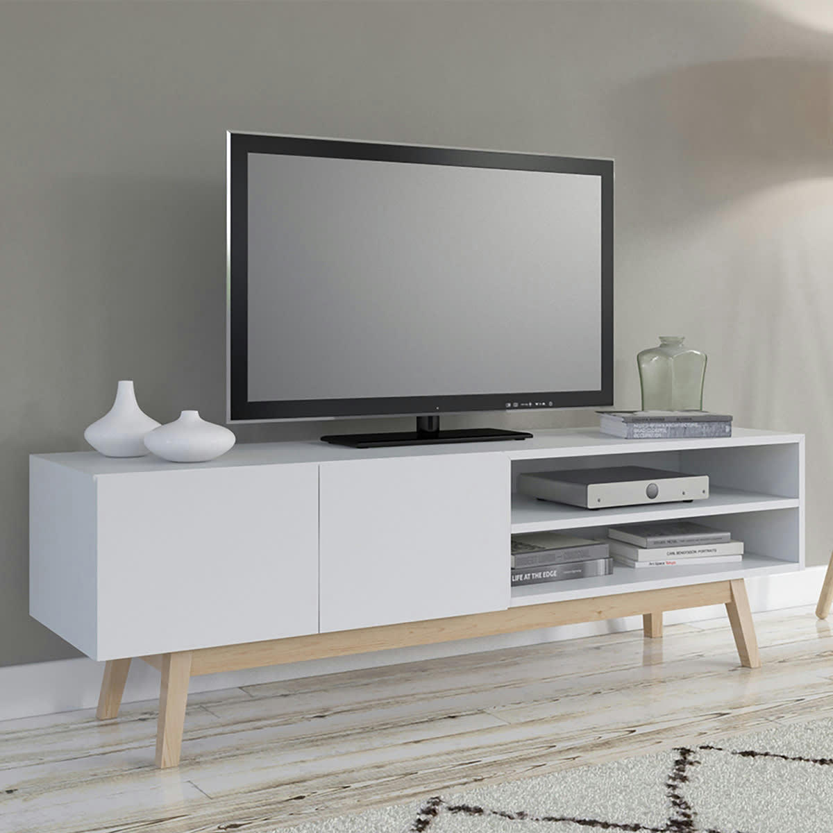 - Meuble tv 160cm 2 portes 1 niche blanc