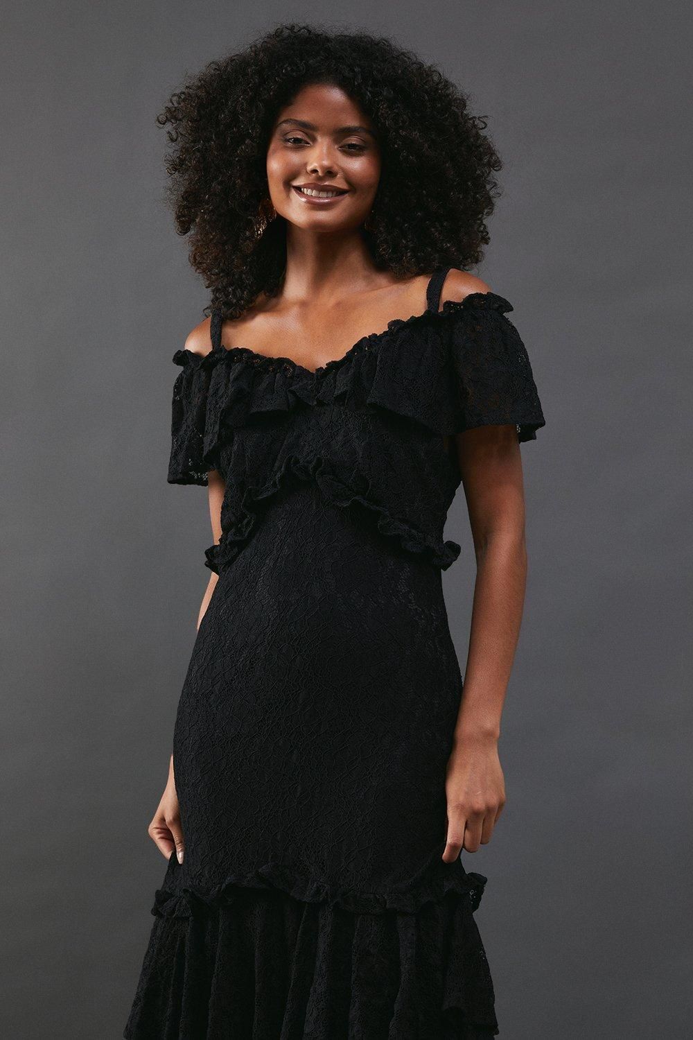 Warehouse Corded Lace Ruffle Fallen Shoulder Midi Dress