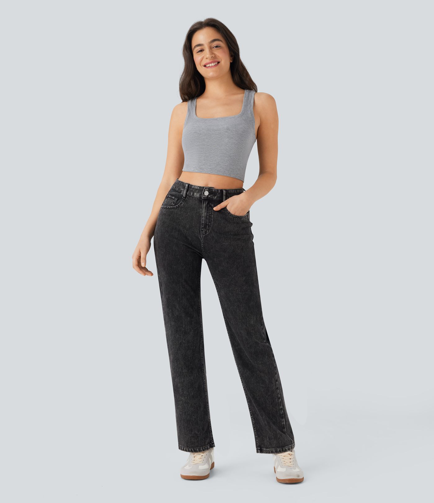 Halara Flex™ Jean droit extensible à taille haute avec bouton, fermeture éclair et poches multiples