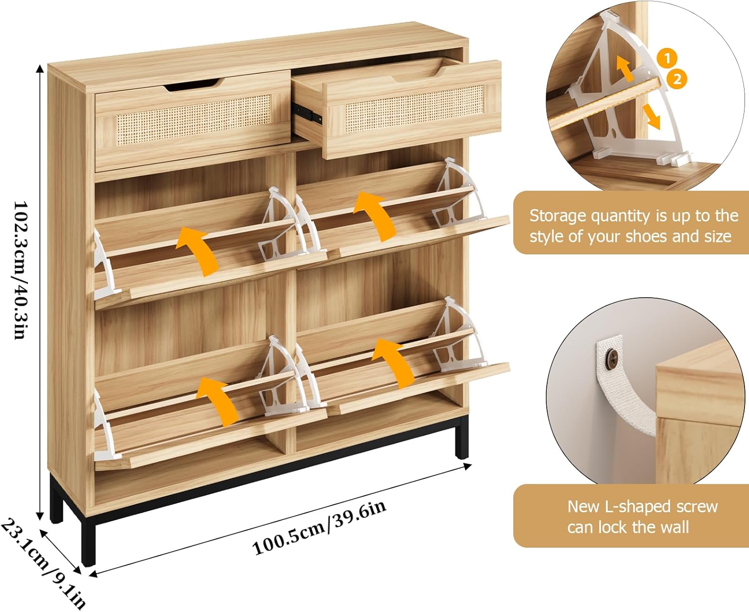 Rattan Shoe Cabinet with Flip Drawers, Narrow Freestanding Shoe Storage Cabinet with Metal Legs for Entryway/Hallway/Foyer (Natural)