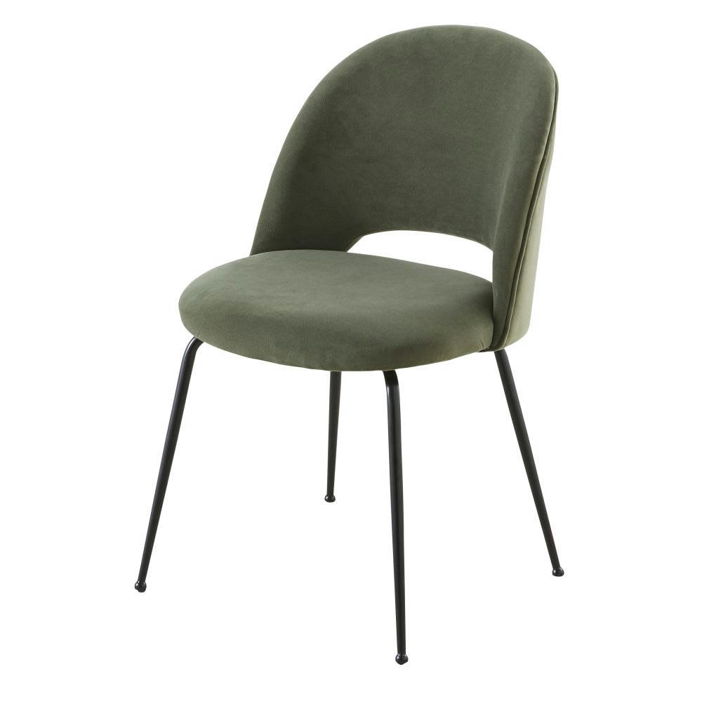 Isys - Chaise en velours vert kaki et métal noir