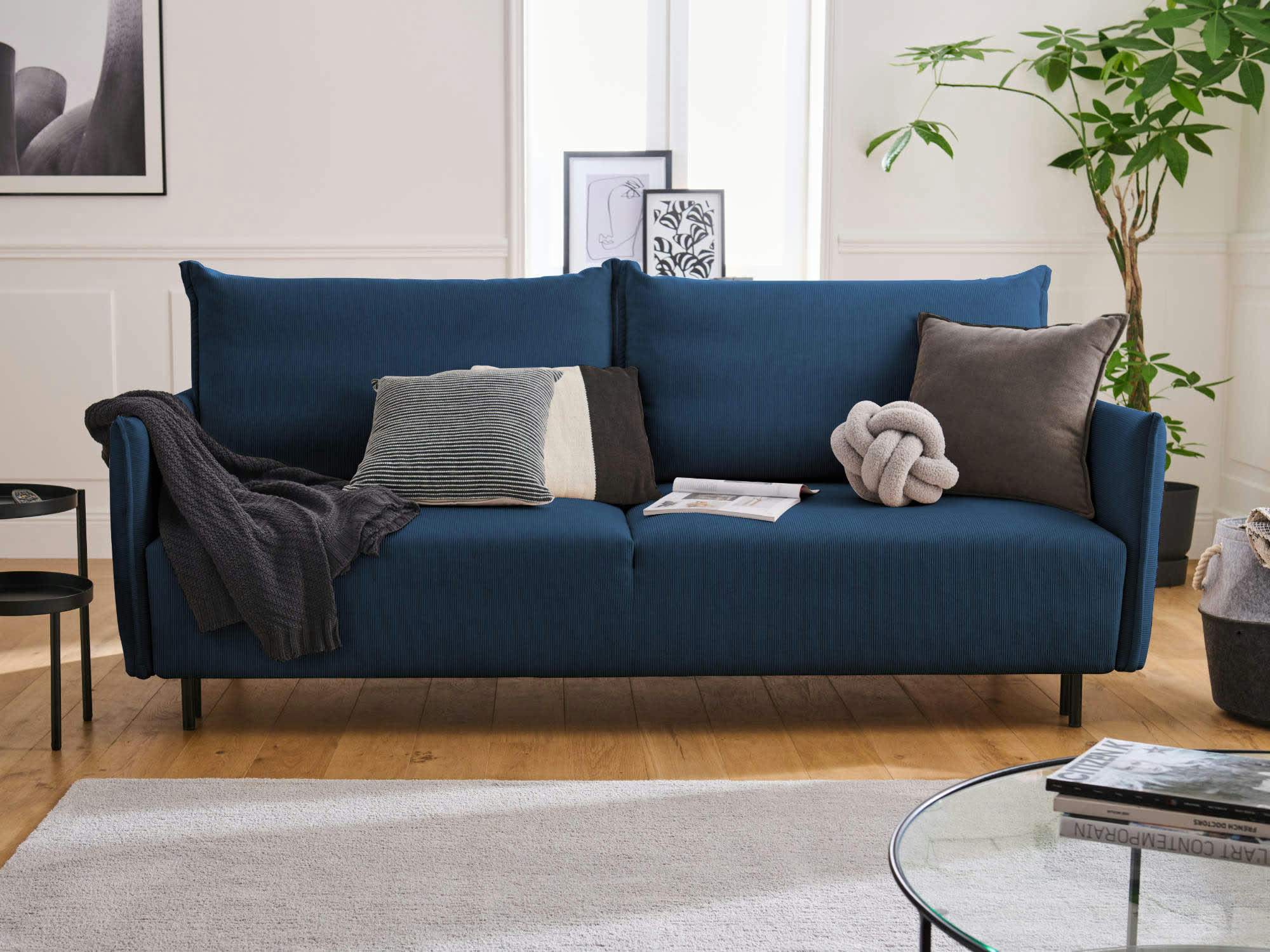 VALENTINA - Canapé droit convertible 3 places en velours côtelé bleu ardoise