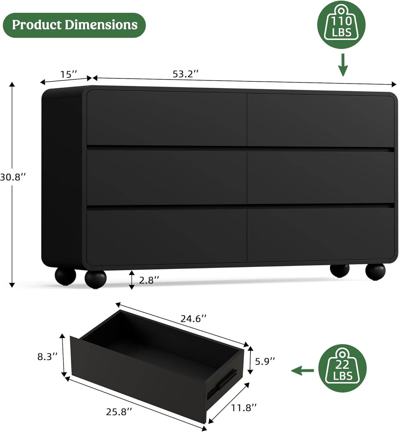 Lulive Wood Dresser for Bedroom, 53” Wide Chest of Drawers with 6 Drawers, Modern Closet Storage Drawer with Curved Profile Design for Living Room, Hallway, Entryway, Black