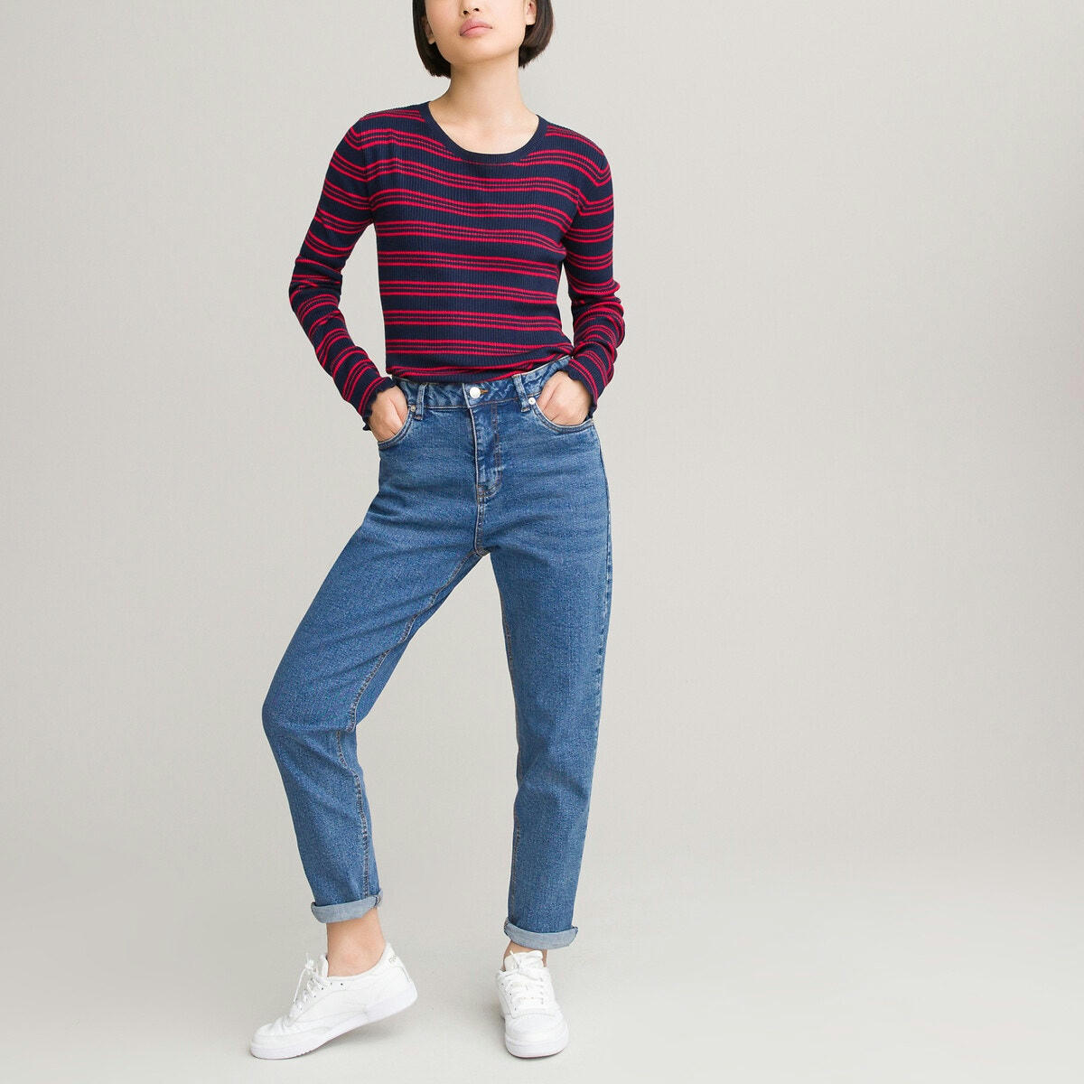 Pull col rond rayé en côtes 10-18 ans
