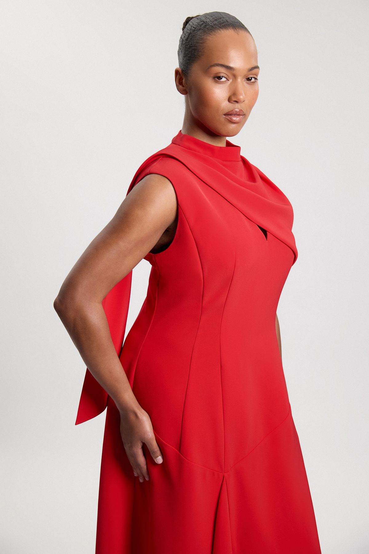 KarenMillen Plus Size Tailored Crepe Cape Asymmetric Cape Neck Detail Midi Dress