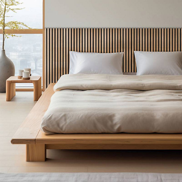 Lot de 5 Panneaux muraux tasseaux bois 120x30x1 cm - Pack tête de lit 90 - Lamelles chêne clair véritable fond noir 1,80 m²