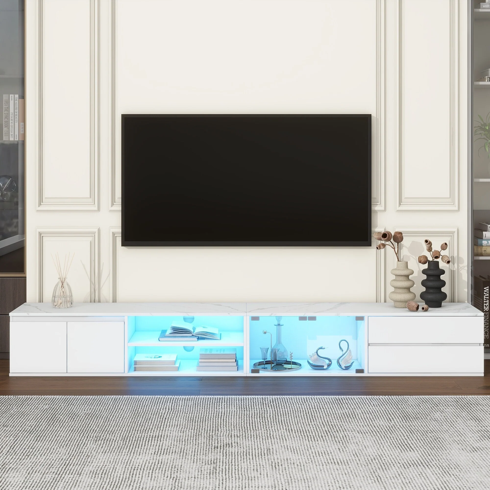 White 94.5 TV Stand with Tempered Glass Doors, Drawers & Cabinets for TVs Up to 105