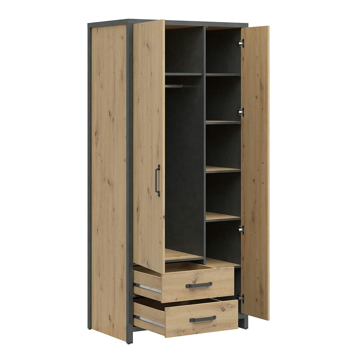 - Armoire 2 portes 2 tiroirs stratifiés naturel et gris