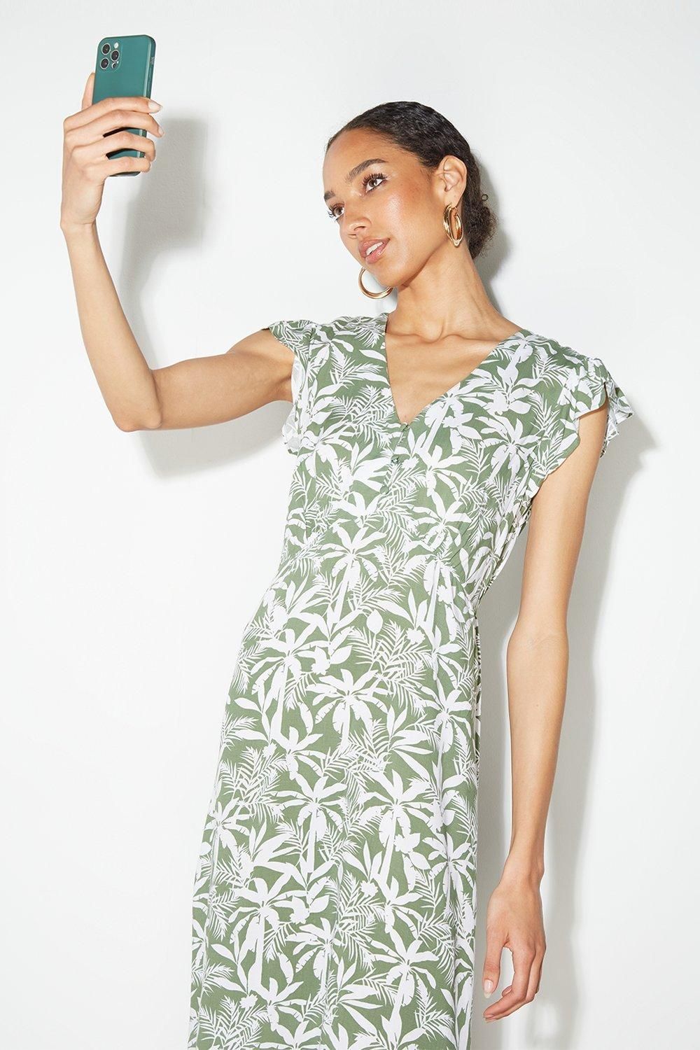 Dorothy Perkins Petite Safari Ruffle Sleeve Button Midi Dress