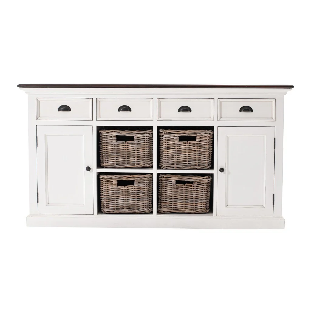 HomeRoots 63 Brown And White Distressed Solid Wood Sideboard With Baskets - 33.46 x 62.99 x 19.69
