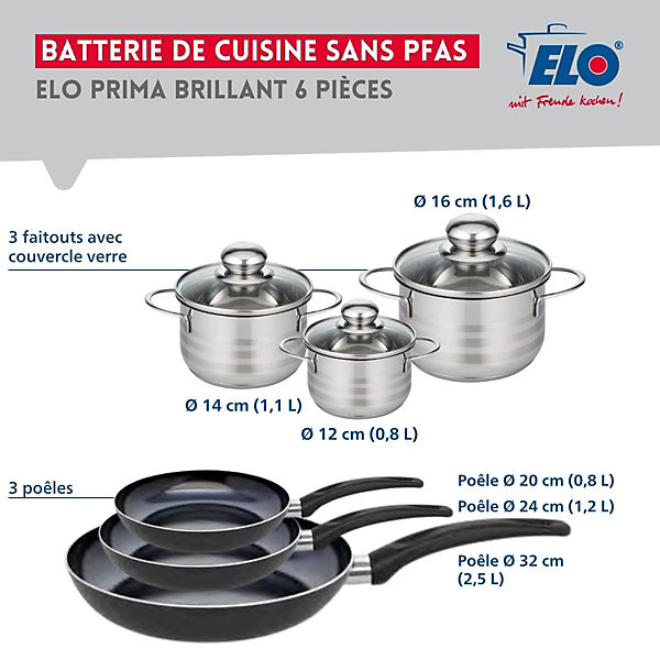 Ensemble de 3 Poêles de cuisson 20, 24 et 32 cm et 3 faitouts 12, 14 et 16 cm Elo Prima Brillant