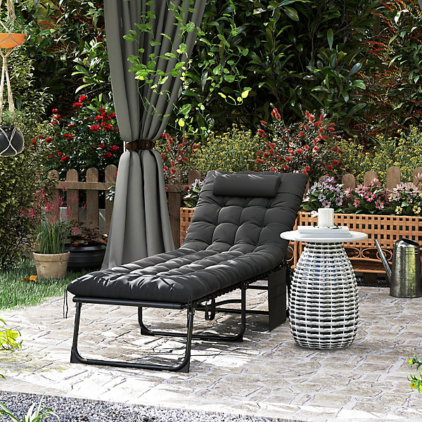 Bain de soleil transat pliable inclinable avec poignée, pochette rangement et matelas grand confort noir