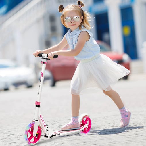 NNECW Folding Kick Push Scooter with Flashing LED Wheels-Pink