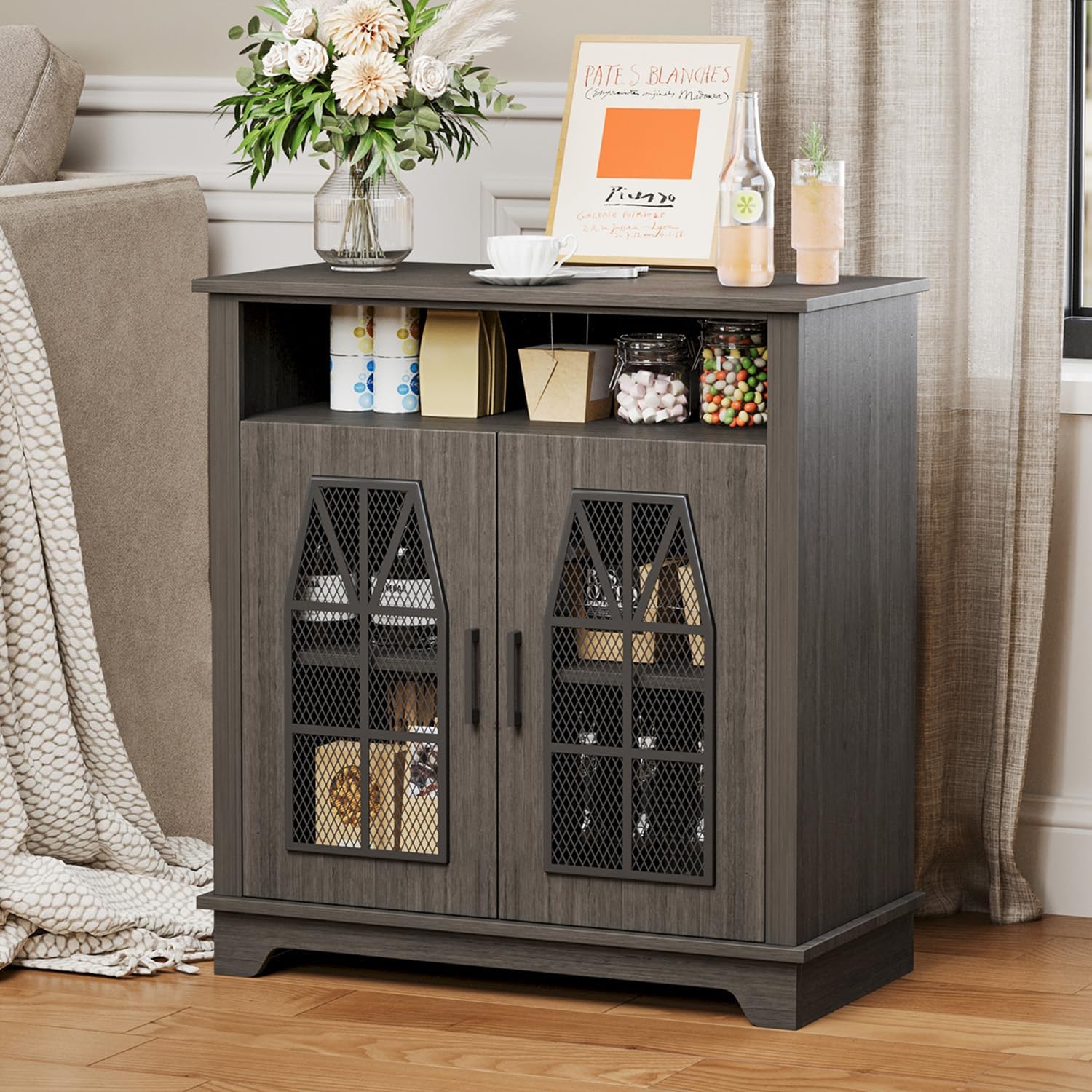 Farmhouse Storage Cabinet, Rustic Sideboard with Industrial Iron Mesh Door, Buffet Cabinet with Storage, Multipurpose Side End Table for Entryway, Dining Room, Kitchen, Black