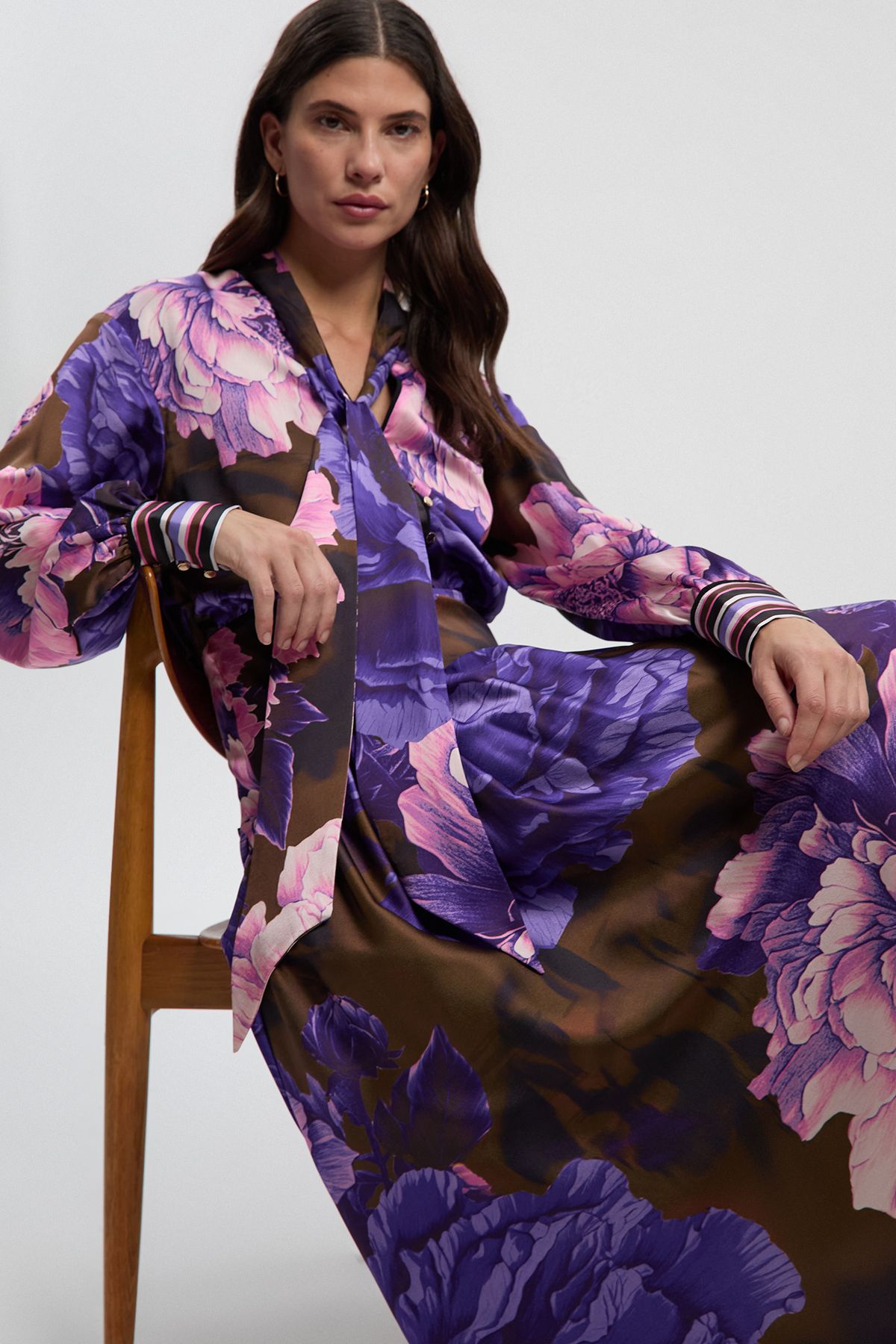 KarenMillen Floral Print Hammered Satin Collared Woven Shirt Dress
