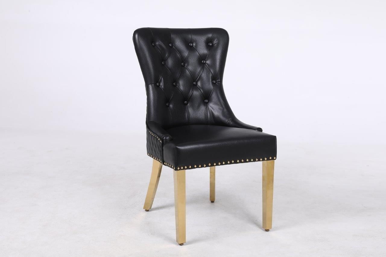 Modernique Set of 2 Luna Leather Aire Dining Chairs with Knocker, Stud and Golden Legs
