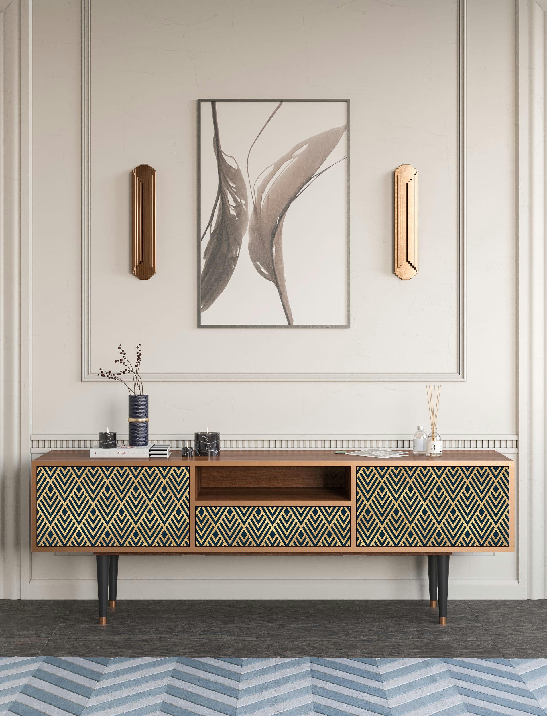 EGYPT TRIANGLES - Meuble TV  bleu 1 tiroir et 2 portes L 170 cm