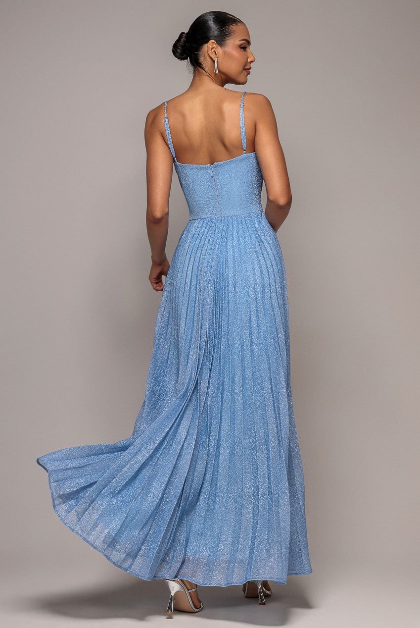 Goddiva Sleeveless Pleated A Line Lurex Maxi Dress