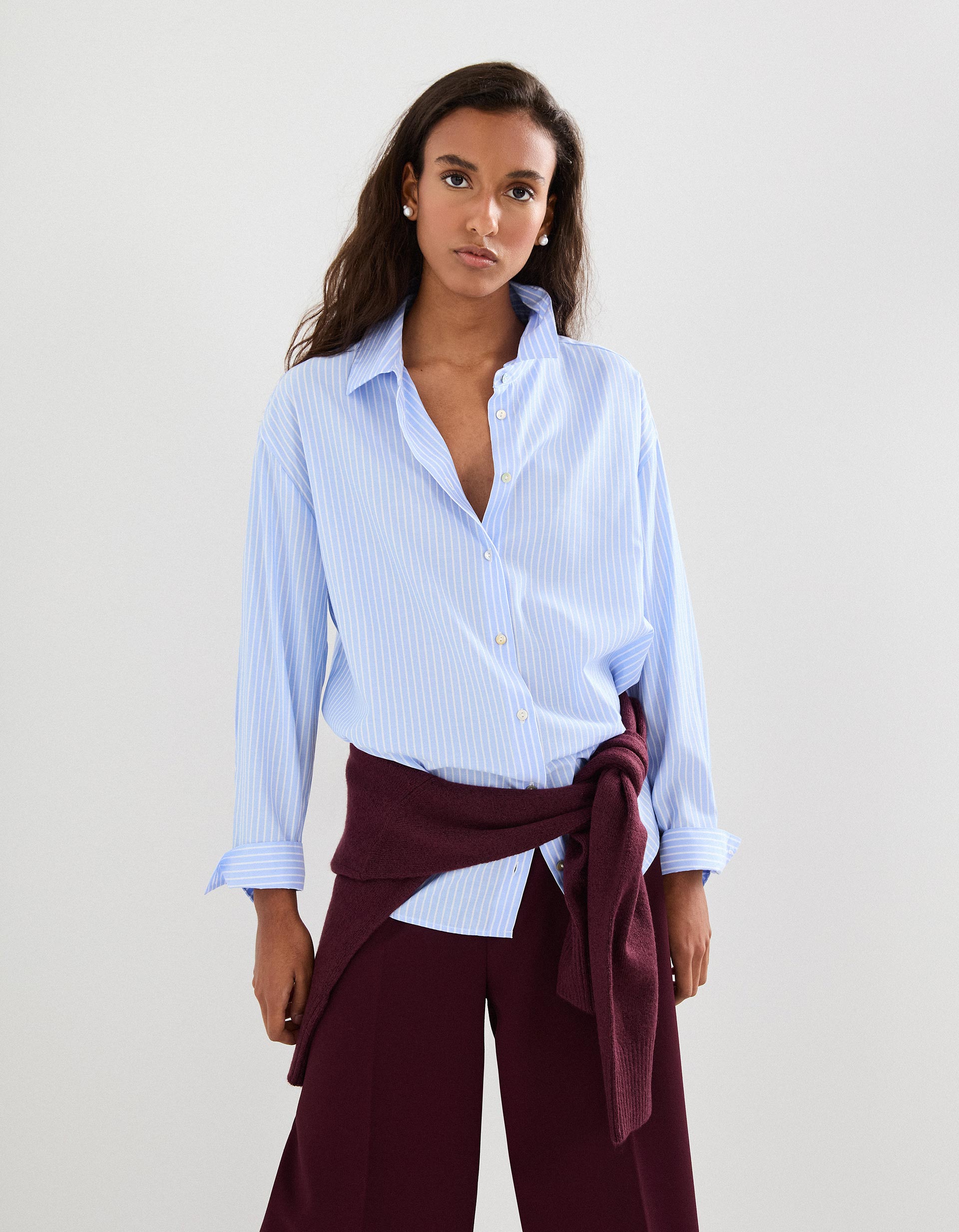 Camisa &agrave;s Riscas, Mulher, Azul Claro