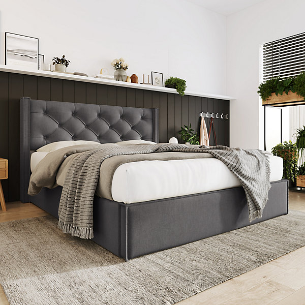 Lit 160x200 cm tapissé tissu gris avec coffre de rangement, tête de lit capitonnée et structure bois/métal