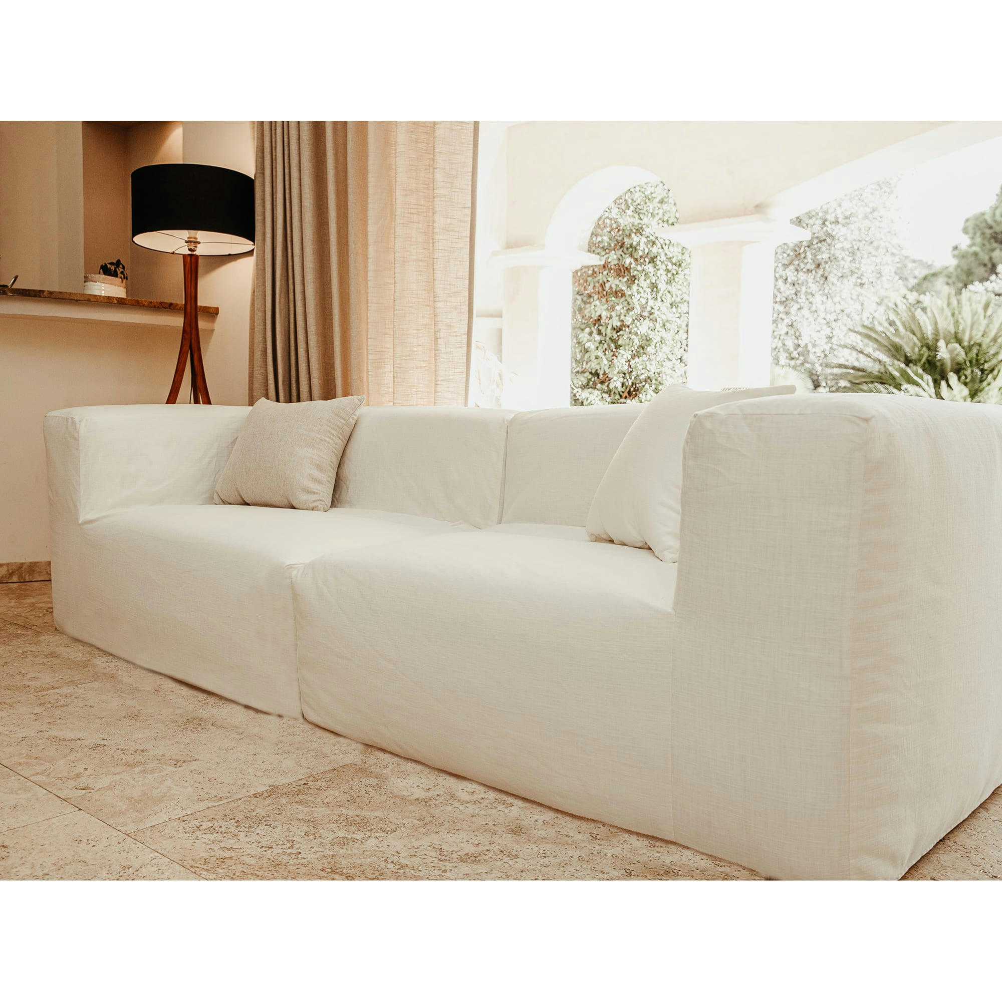 - Housse Coton lavé blanc pour canapé-Taille 3 Places