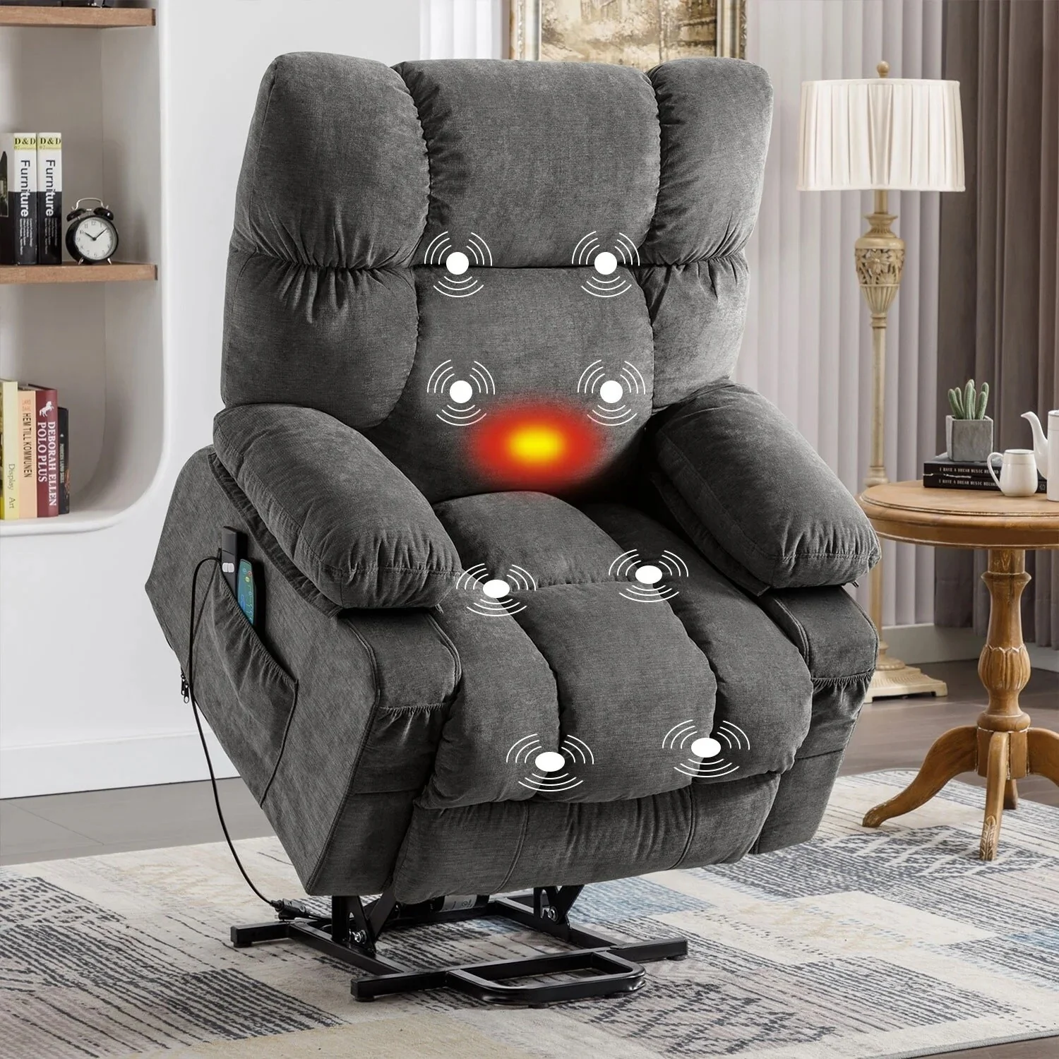 Blue Electric Power Lift Recliner with Heat, Massage, Infinite Recline, USB Charging, and Side Pockets