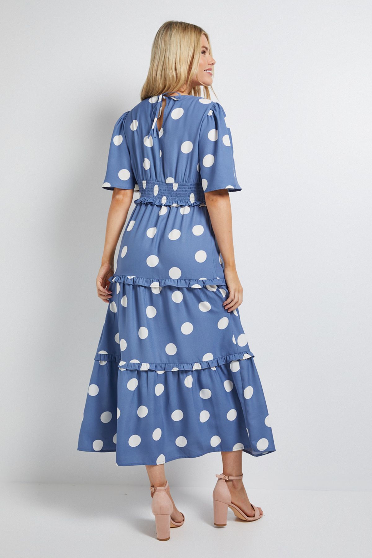 Dorothy Perkins Blue Spot Shirred Waist Angel Sleeve Tiered Maxi Dress