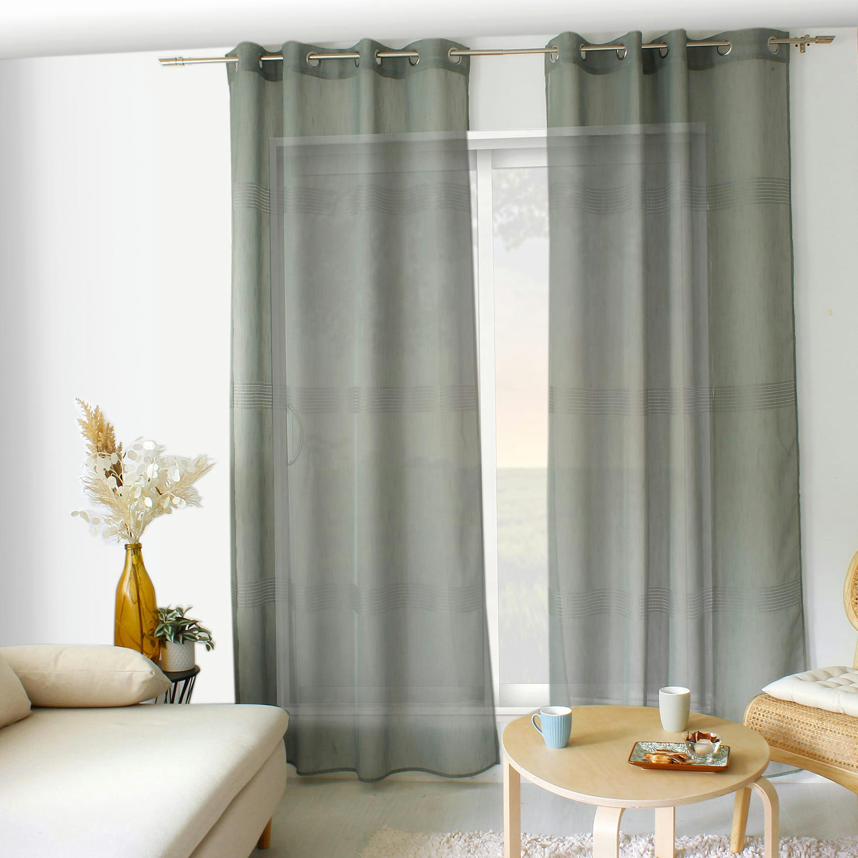 MIA - Voilage avec bande ajourée 140x240cm Vert kaki