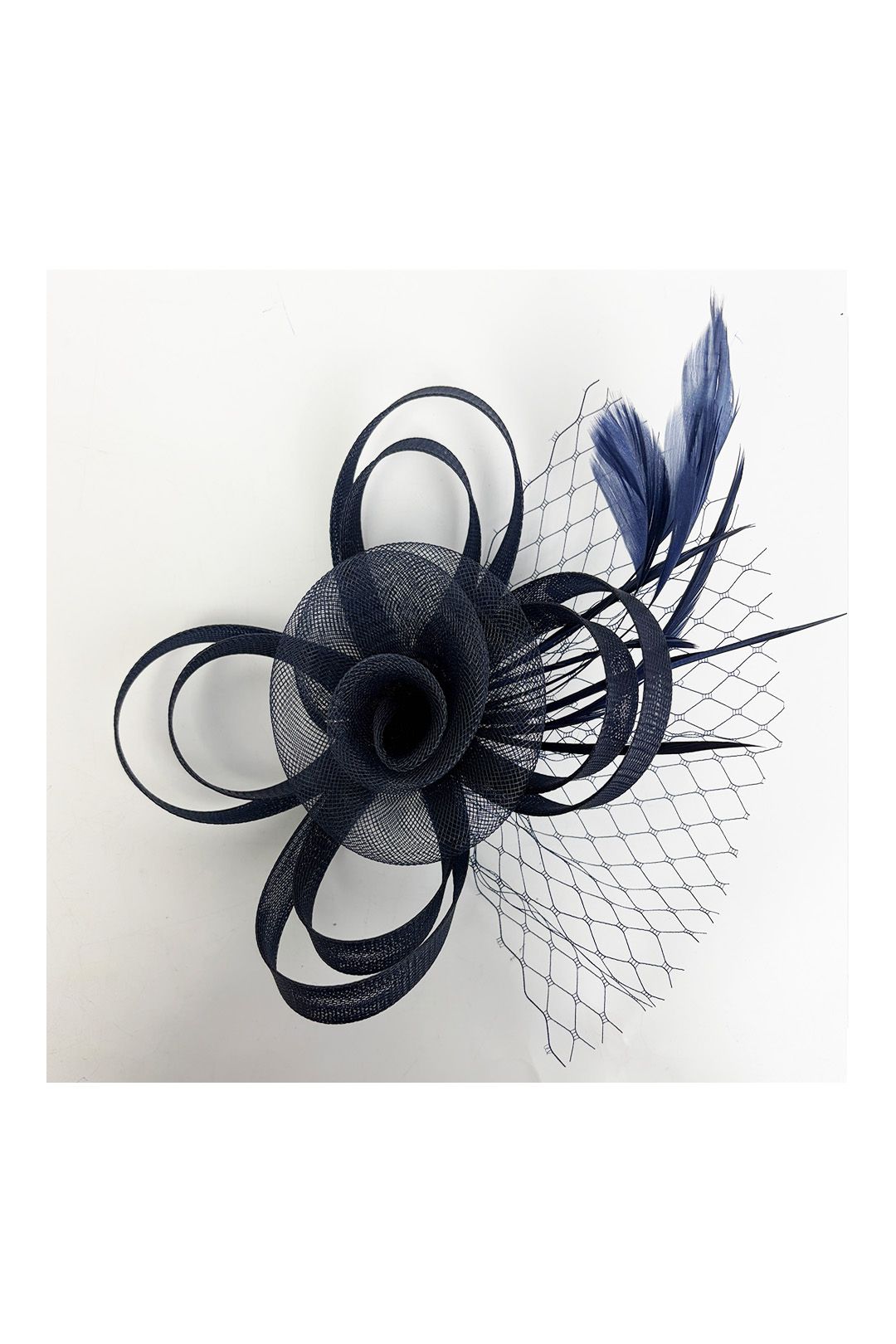 Vellin Looped Sinamay Bow Fascinator with Feather & Net Detail