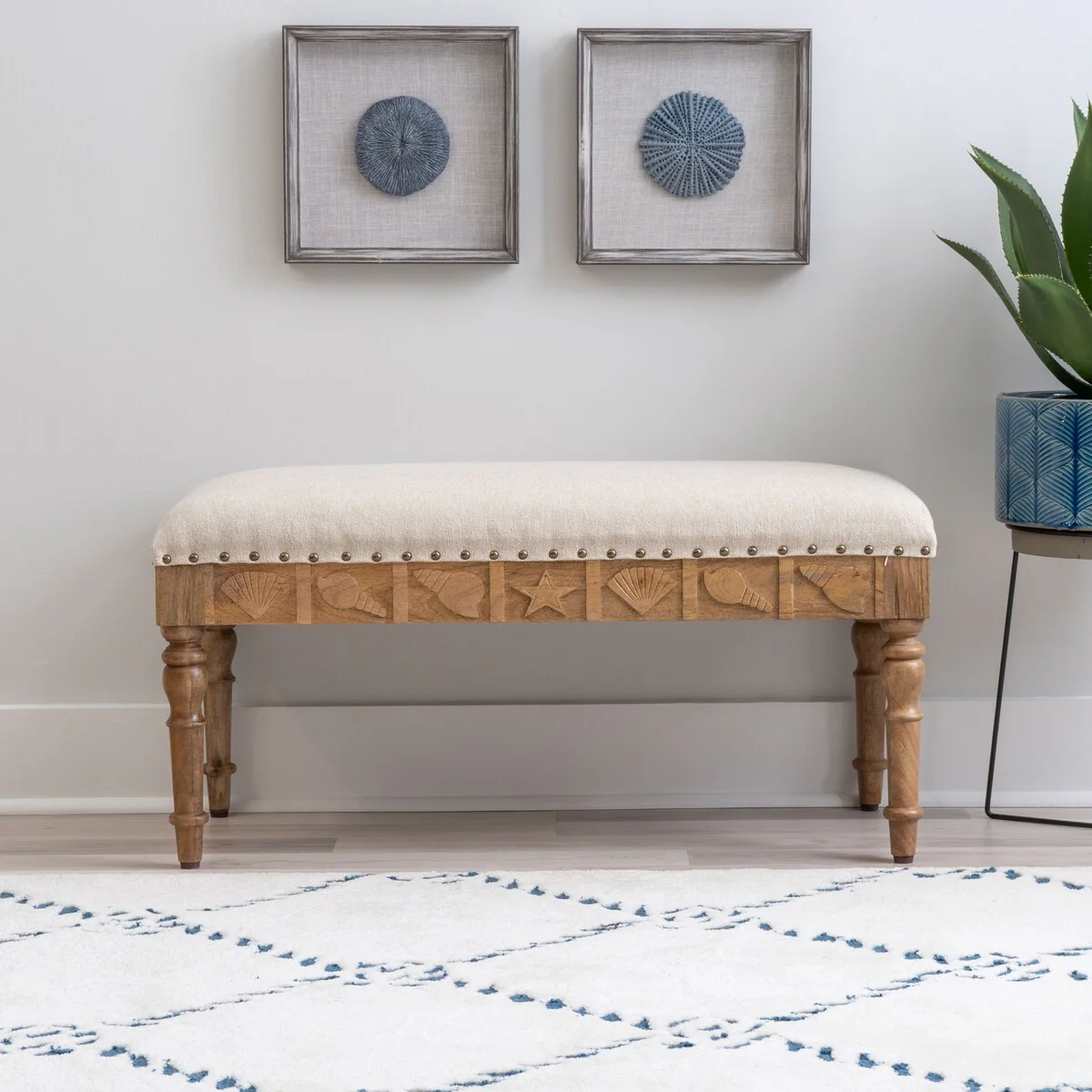 Barlow Upholstered Wood Seashell Entryway Bench