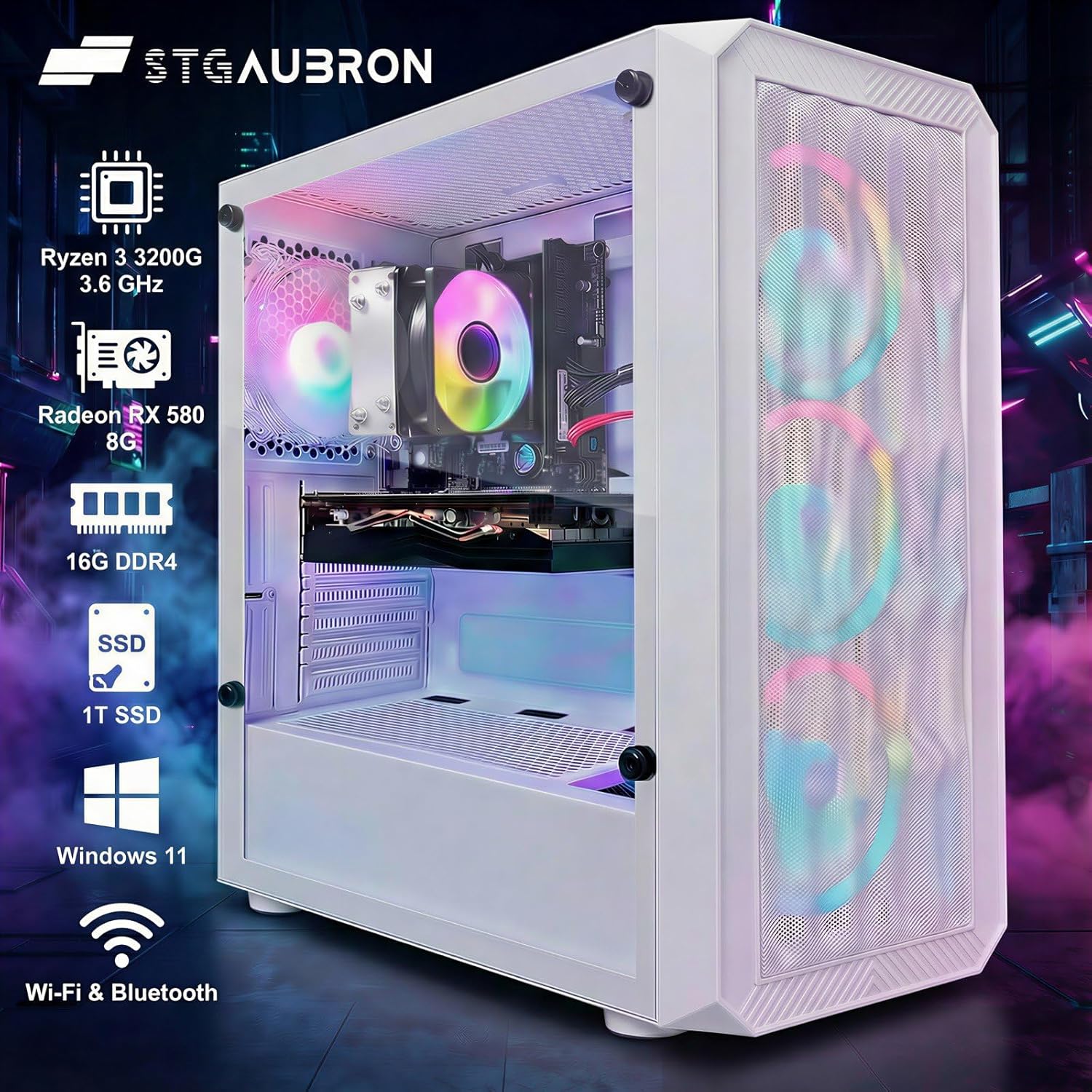 STGAubron Gaming PC Desktop Computer  AMD Ryzen 3 3200G 3.6 GHz  Radeon RX 580 8G  16G DDR4  1T SSD  WiFi 6  BT 5.0  RGB Fan x 4  Windows 11 Home