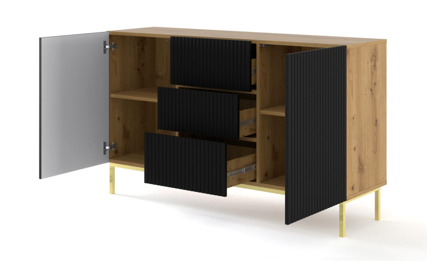 Ravenna B Komoda 150 2D3S frez MDF dąb artisan / czarny mat   RAMA ZŁOTA