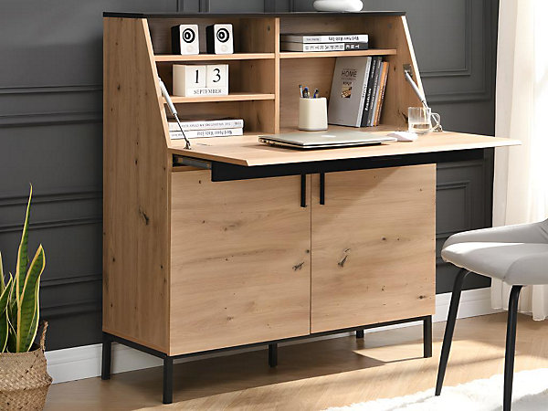 Bureau secrétaire avec 2 portes - MDF - Naturel et Noir - MALEDA