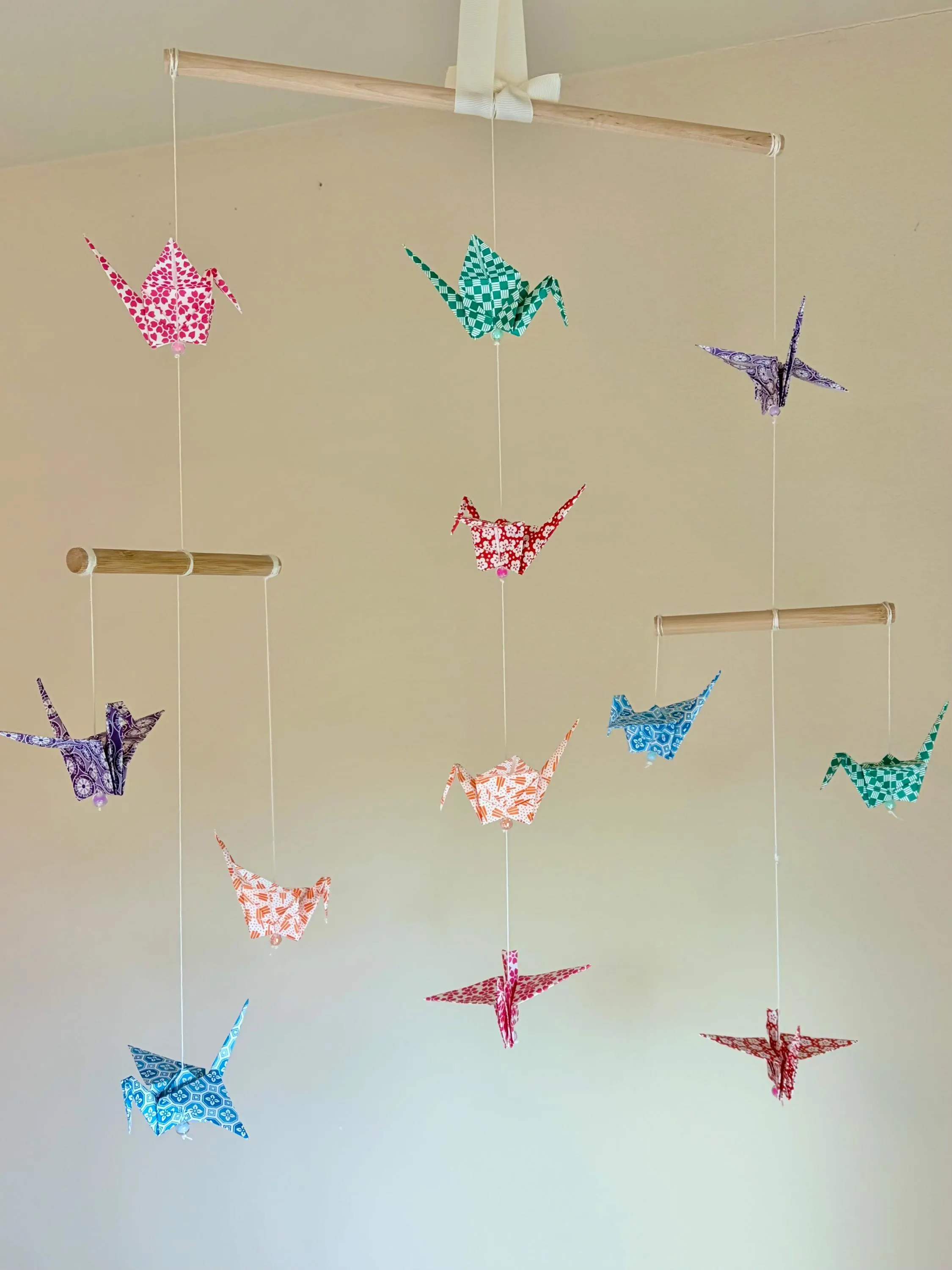 Handmade Origami Crane Mobile - Colorful Print Paper Hanging Decor