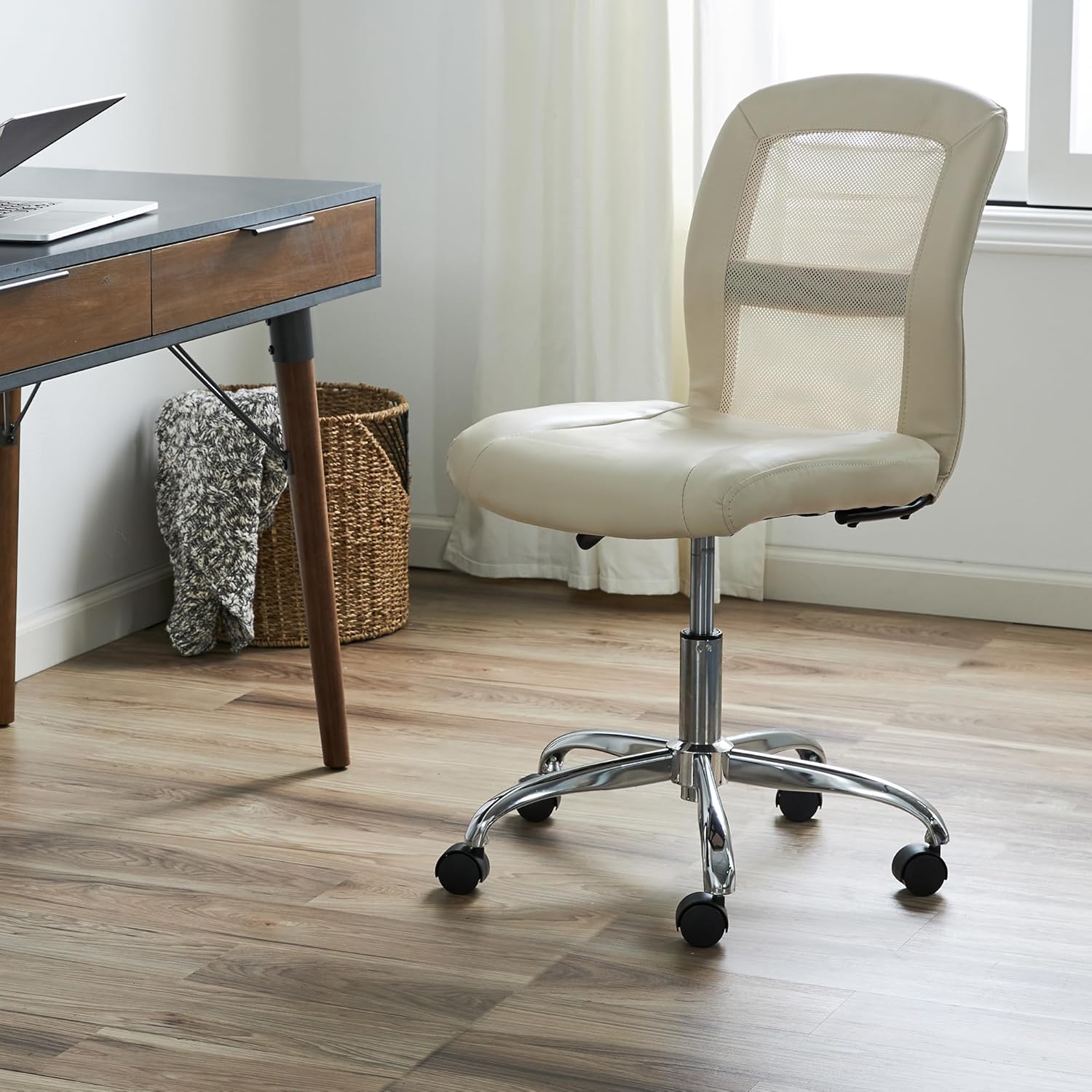 Serta Essential Armless TaskChair, Small Desk Chairs with Wheels, Breathable Mesh Back and Faux Leather, Quality Foam Cushion Seat for Comfort, Minimal Design for Vanity Table, Cream White