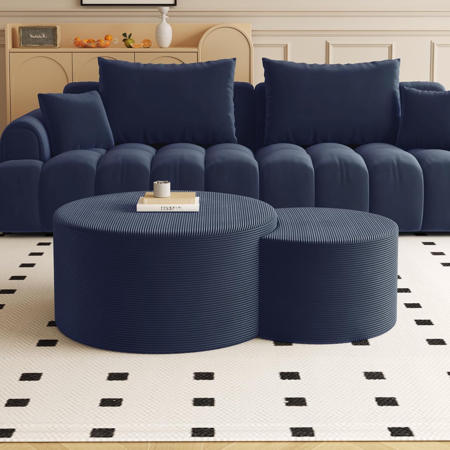 BSHOMGI Nesting Coffee Table Set of 2, Upholstered Round Corduroy Circle Foam Round Side Table for Living Room, Entryway Set, 32+17 Footrest No Assembly (Blue, 32+17)