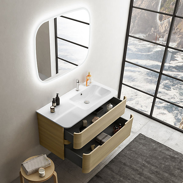 Ensemble salle de bains L. 104 cm meuble sous vasque décor chêne clair   plan vasque à droite blanc brillant Alba
