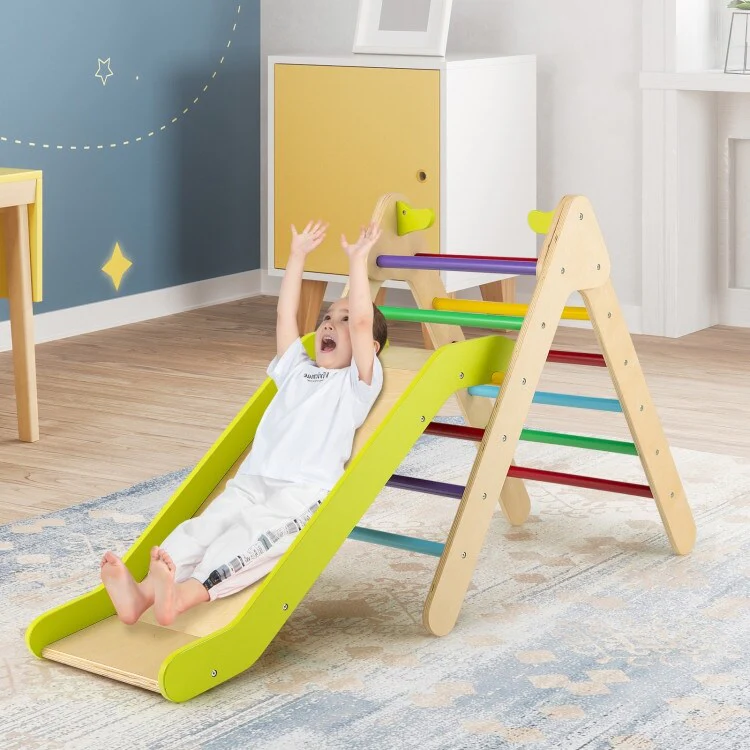 2-in-1 Wooden Triangle Climber Set with Gradient Adjustable Slide - 34 x 18.8 x 28.9 inch (L x W x H)