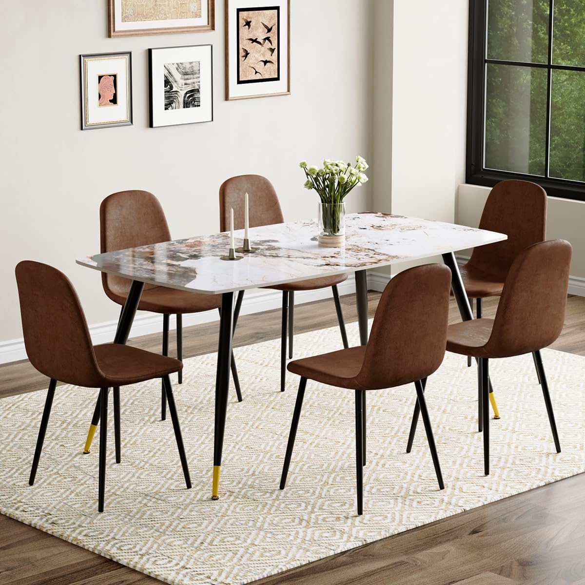 Dinner Table Set for 6, Sintered Stone Kitchen Table Top and Modern Chairs Set of 6 for Kitchen Dining Room