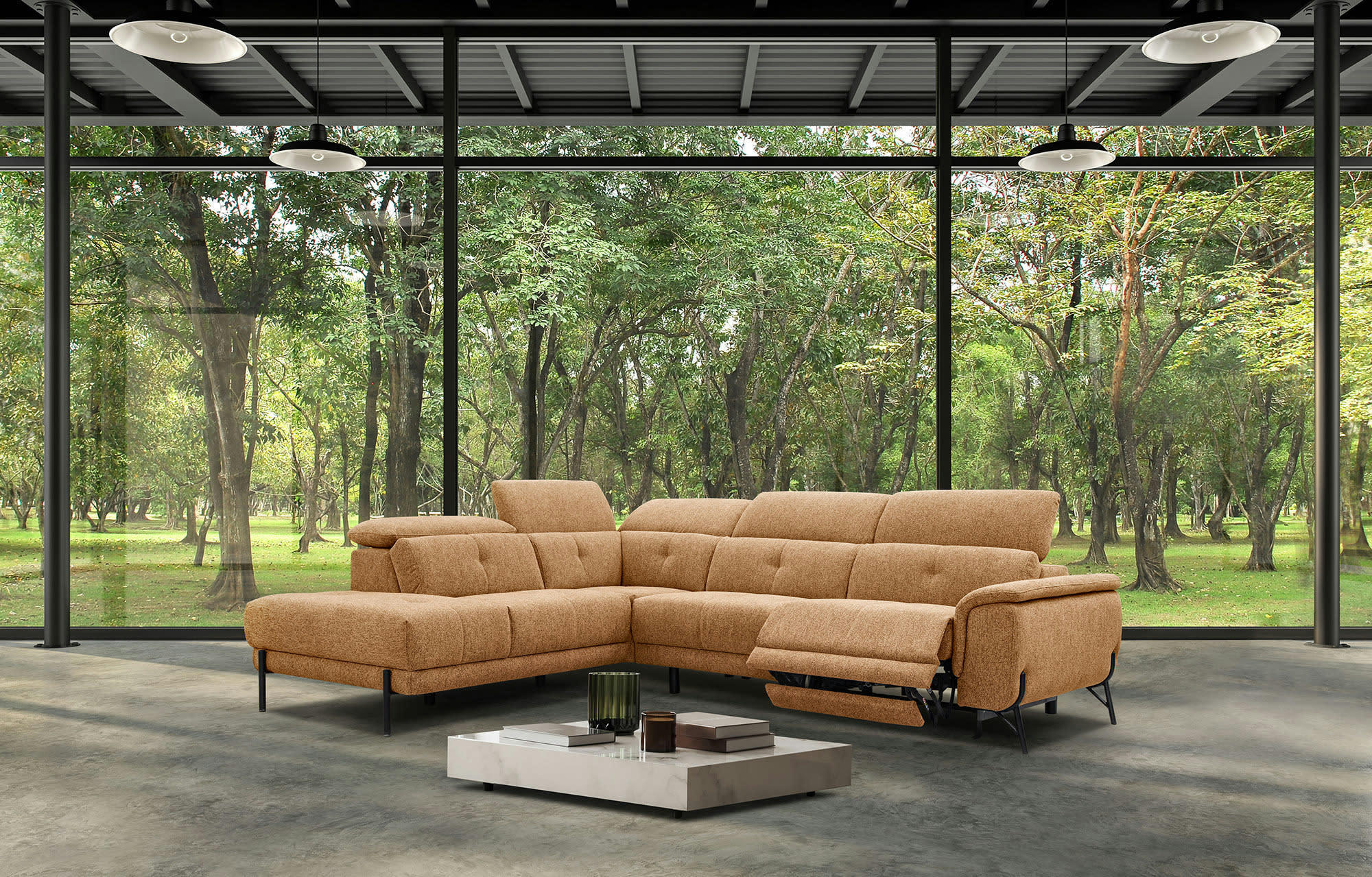 AVENA - Canapé d'angle gauche 5 places avec une relax électrique tissu orange