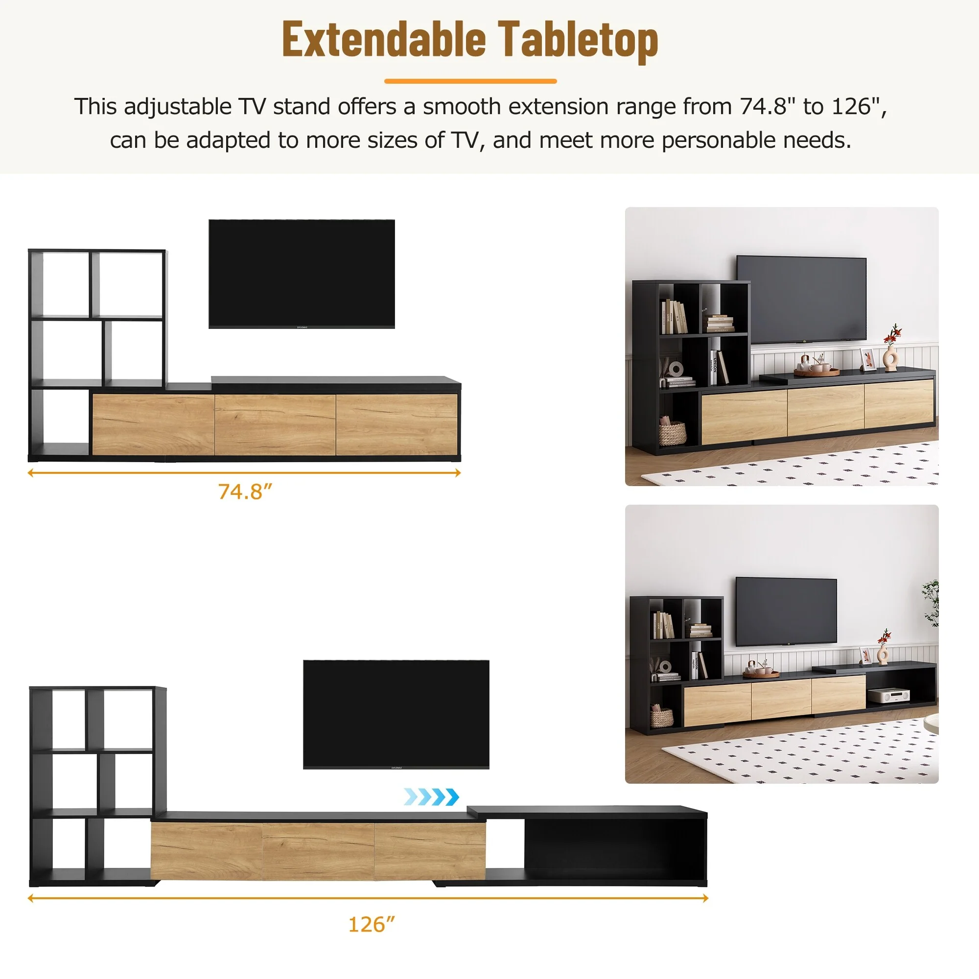 Black Extendable TV Stand & Coffee Table Set with Bookshelves for TVs Up to 110