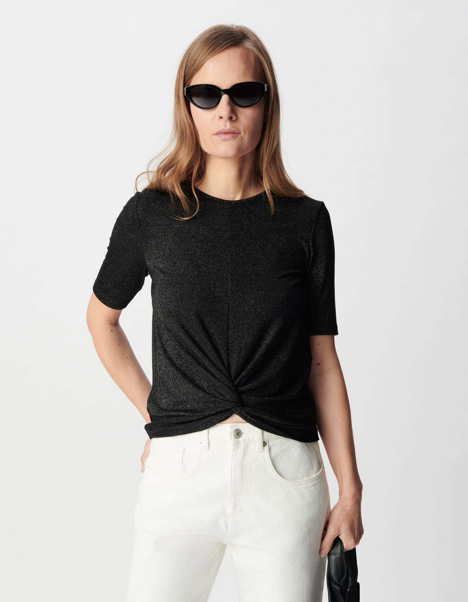 Tee-shirt noir pailleté effet drapé avec noeud Femme