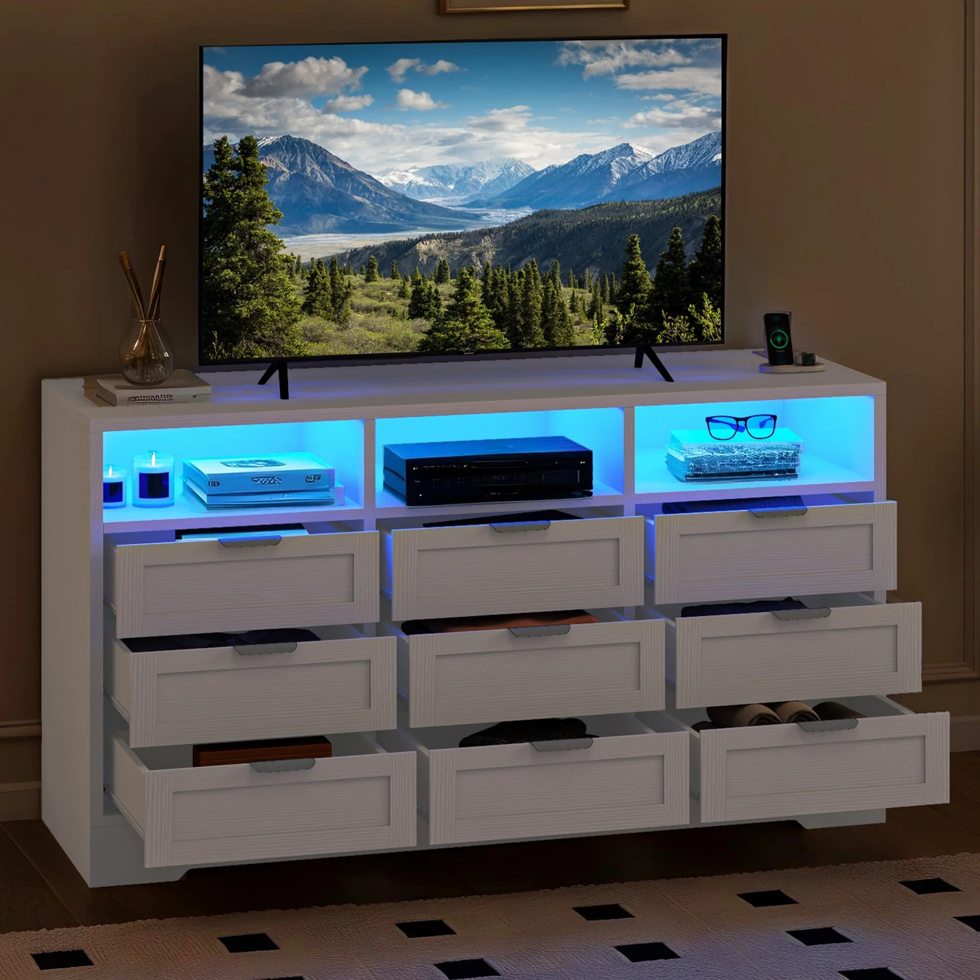 Moasis 9 Drawer TV Stands with LED Light And Charging Station
