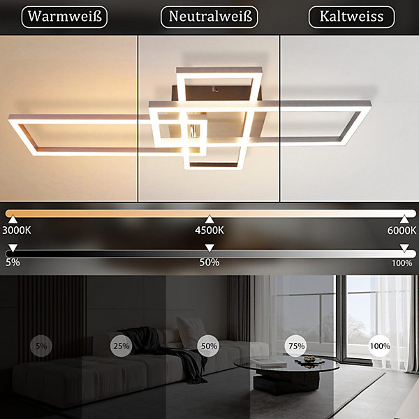 NETTLIFE Plafonnier LED Chambre Argent Dimmable 64CM 36W Géométrique Salon avec Télécommande