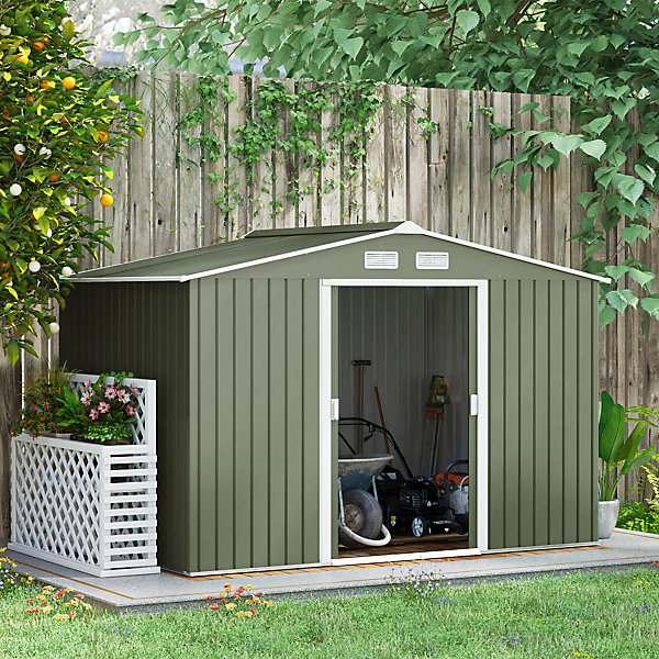 Abri de jardin - cabanon double porte coulissante - fondation incluse - dim. 277 x 191 x 192 cm - tôle d'acier ondulée vert clair
